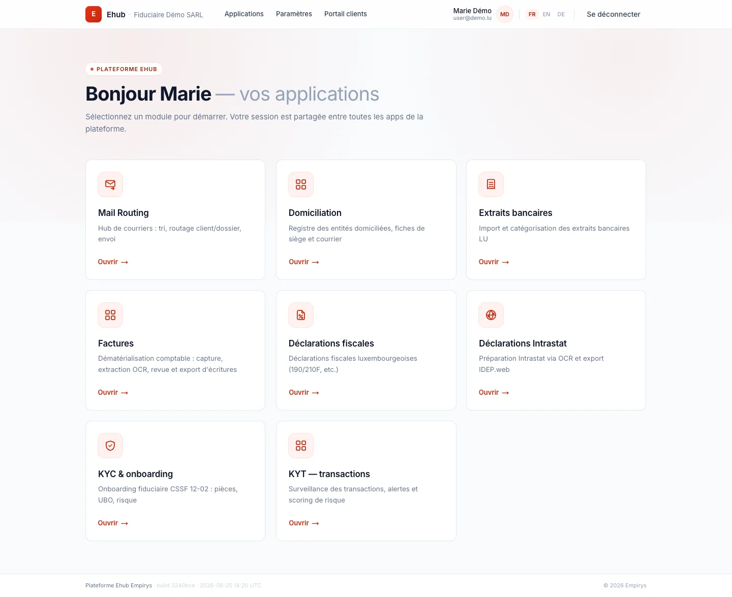 Le lanceur d’eHub Apps : une grille de modules — Mail Routing, Domiciliation, Extraits bancaires, Factures, Déclarations fiscales, Déclarations Intrastat, KYC & onboarding, KYT.