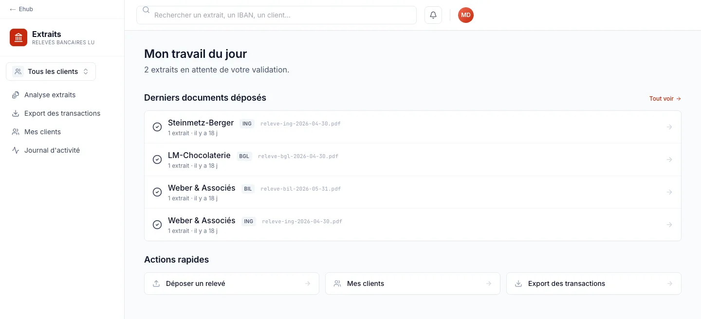 Le module Extraits : quatre relevés bancaires déposés, la banque reconnue pour chacun, en attente de validation.